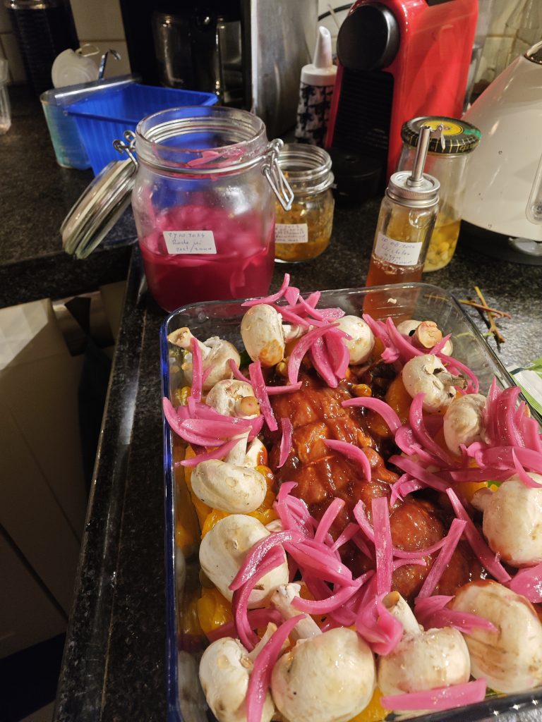 A kitchen counter featuring a dish filled with raw mushrooms, pickled red onions, and what appears to be marinated meat. Nearby are jars containing more pickled red onions and other preserved items, along with a red coffee machine in the background.